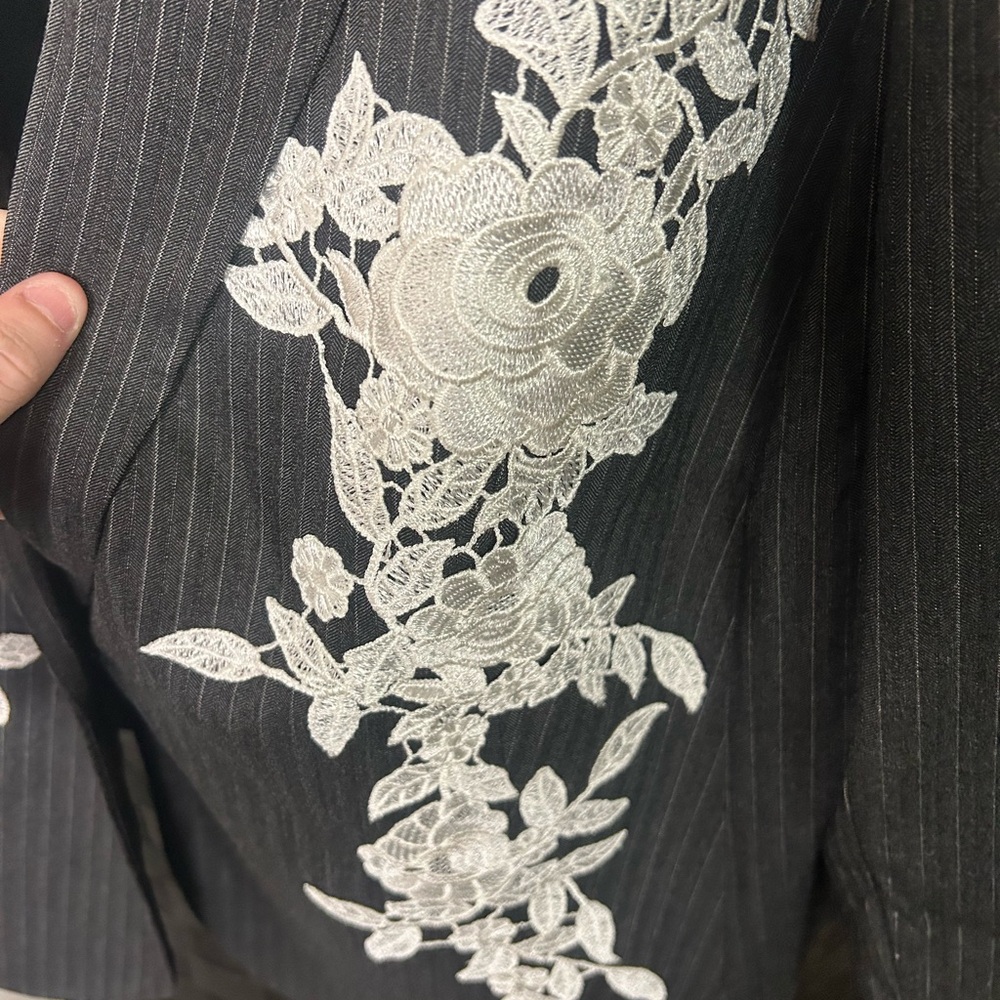 Gray Pinstripe Blazer with Floral Embroidery - Picture 2 of 4